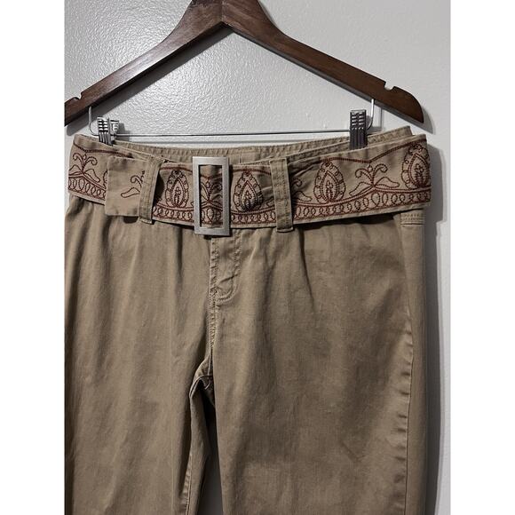 Y2K Ruff Hewn Womens Sz 10 Flare Khaki Pants Tan Embroidered Belt Hippie Boho - Picture 6 of 13
